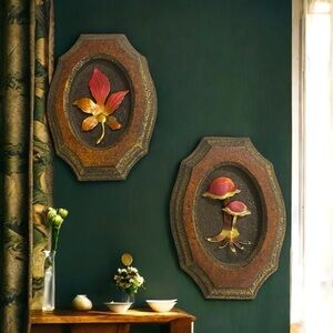 Vintage Mushroom & Leaf Wall Plaques (Set of 2)